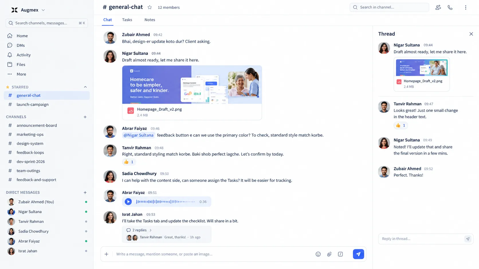 The Adda workspace: a module rail, a channel list and a team conversation with mentions, reactions and a call button.